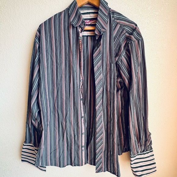 Bugatchi Uomo Button Down Shirt Flip Cuffs Stripes Large Men 100% Cotton Purple - Picture 2 of 12